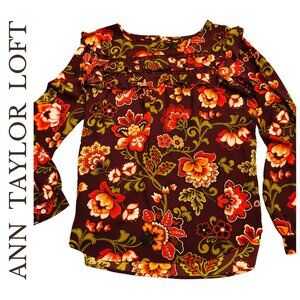 LOFT Floral Boho Ruffle Blouse | Maroon Long Sleeve Top | Size L